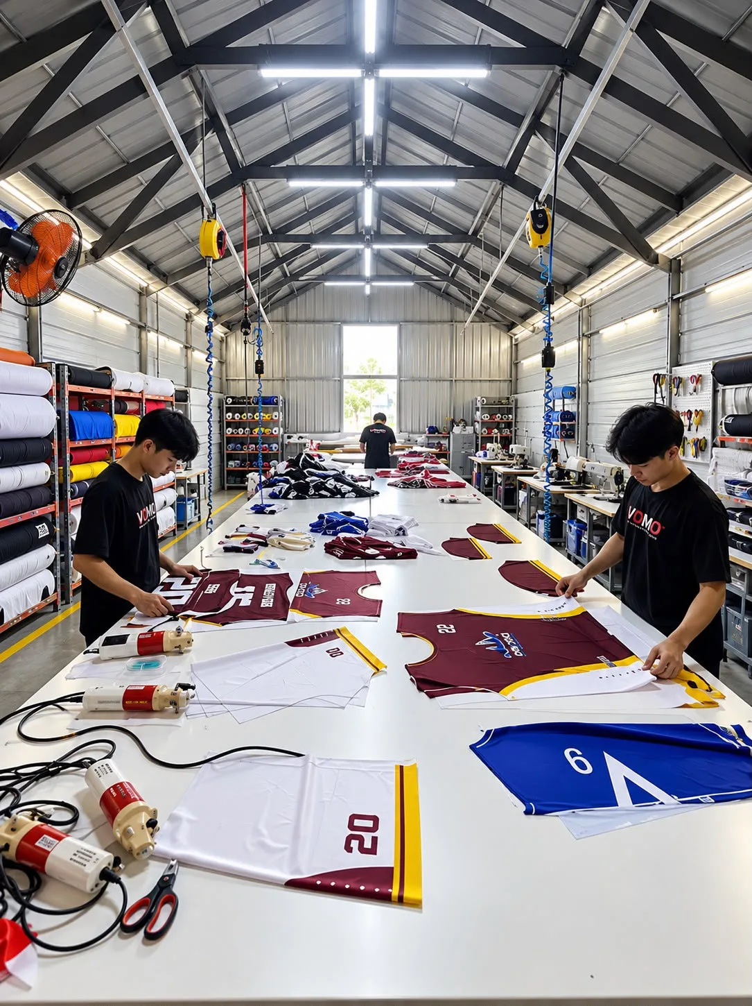 Tim menata panel jersey dan pola di meja cutting