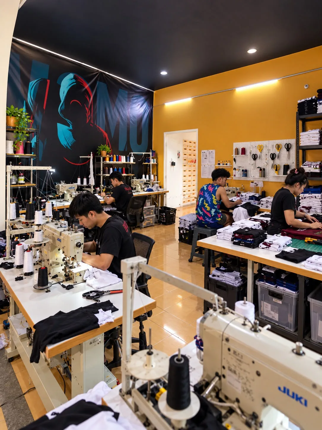 Operator bekerja dengan mesin jahit dan tumpukan apparel